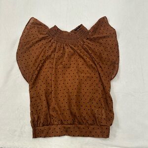 Express Top Women Brown Black Dotted Smocked High Neck Flutter Sleeve Size XS
